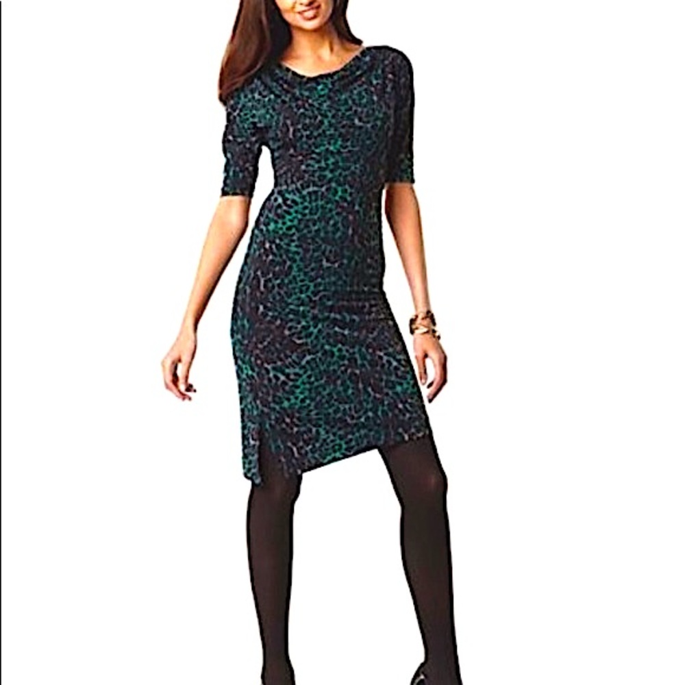 BCBGMaxAzria Jade Combo Cowl Neck 3/4 Sleeve Asymmetrical Leopard Jersey…